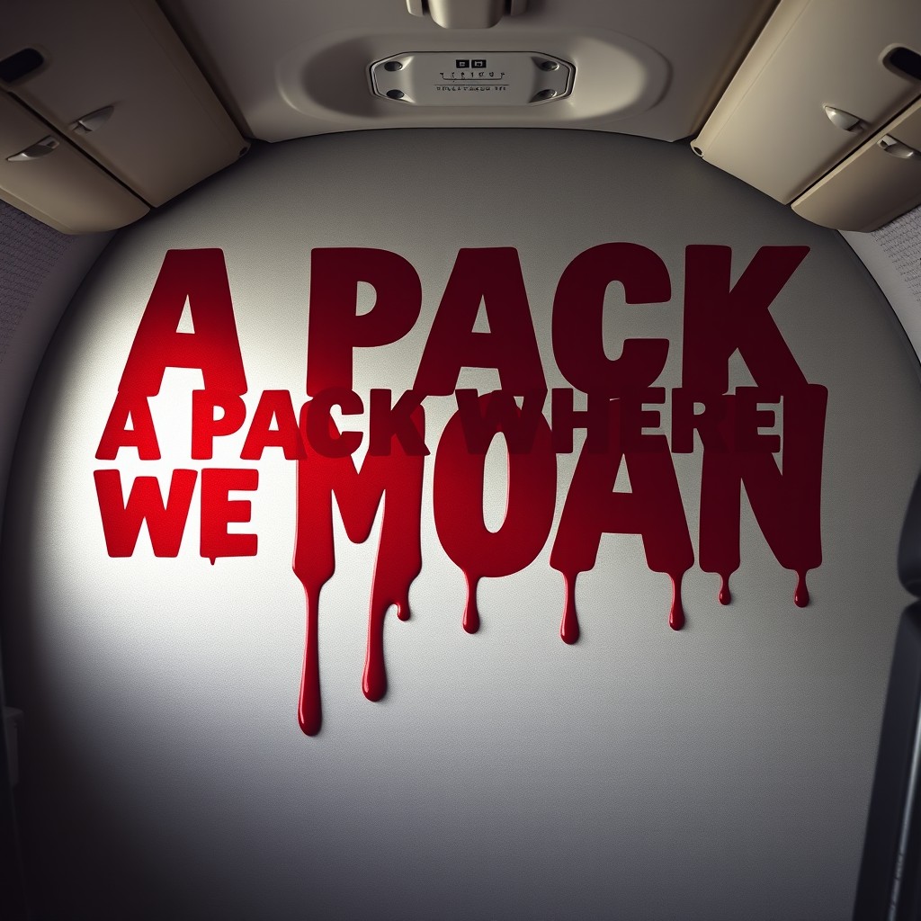 A striking and bold design featuring the phrase 'A PACK WHERE WE MOAN' artistically rendered in deep red, resembling blood drips, across a textured wall of an airplane interior