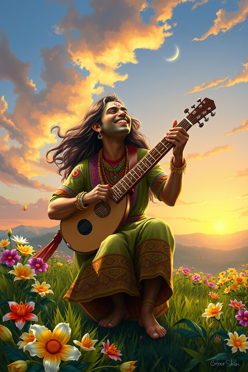 A beautiful digital painting depicting an Indian Baul Fakira joyfully enjoying life