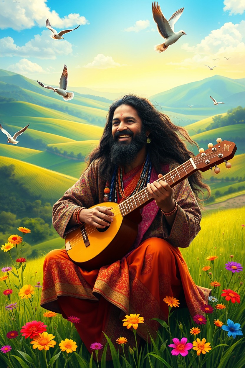 A vibrant and colorful digital painting of an Indian Baul Fakira, a wandering poet and musician, dressed in traditional clothing with intricate patterns