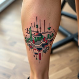A close-up view of a beautifully designed tattoo on a person's leg, featuring intricate elements related to trading, such as stock charts, candlestick patterns, and dollar signs blended with artistic motifs