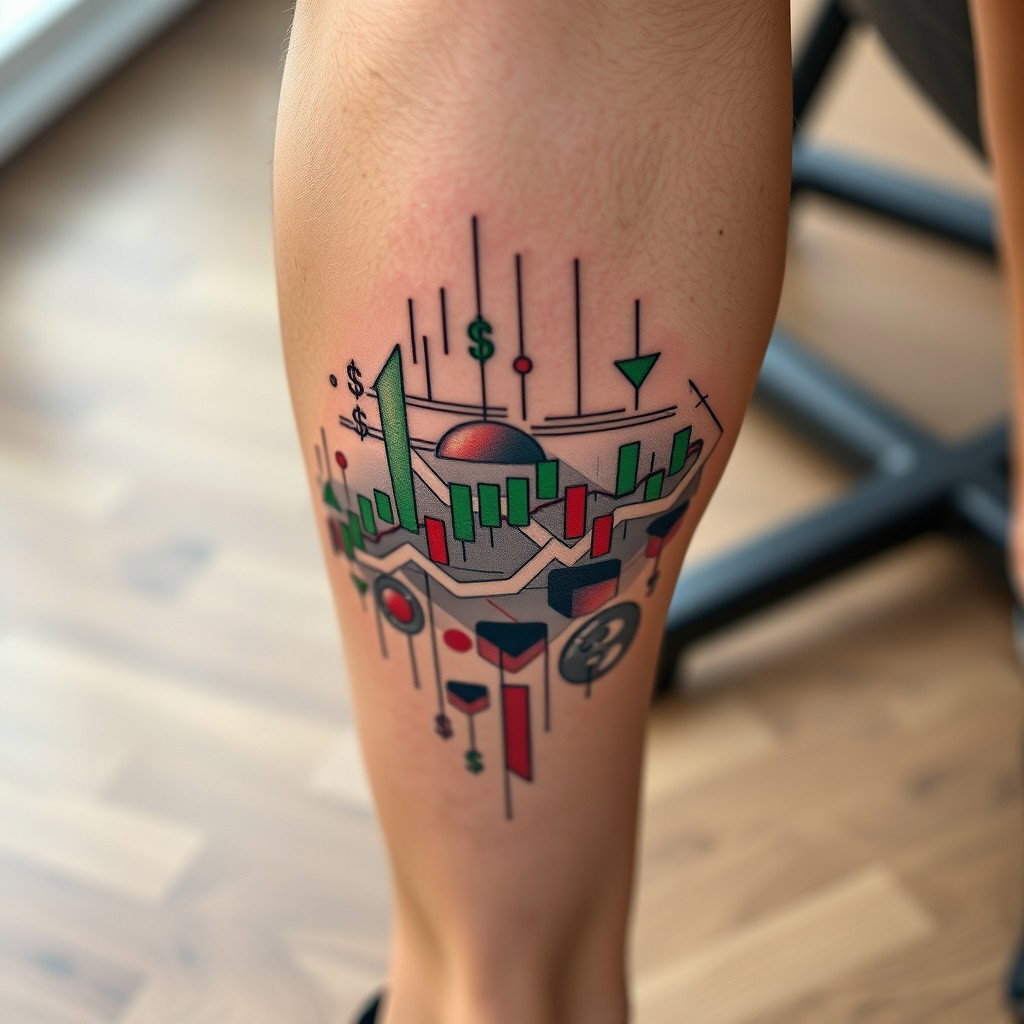 A close-up view of a beautifully designed tattoo on a person's leg, featuring intricate elements related to trading, such as stock charts, candlestick patterns, and dollar signs blended with artistic motifs