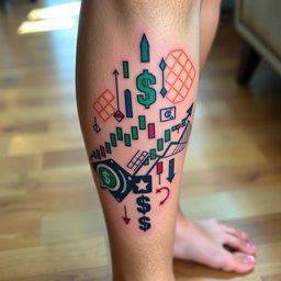 A close-up view of a beautifully designed tattoo on a person's leg, featuring intricate elements related to trading, such as stock charts, candlestick patterns, and dollar signs blended with artistic motifs