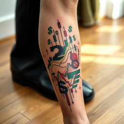 A close-up view of a beautifully designed tattoo on a person's leg, featuring intricate elements related to trading, such as stock charts, candlestick patterns, and dollar signs blended with artistic motifs