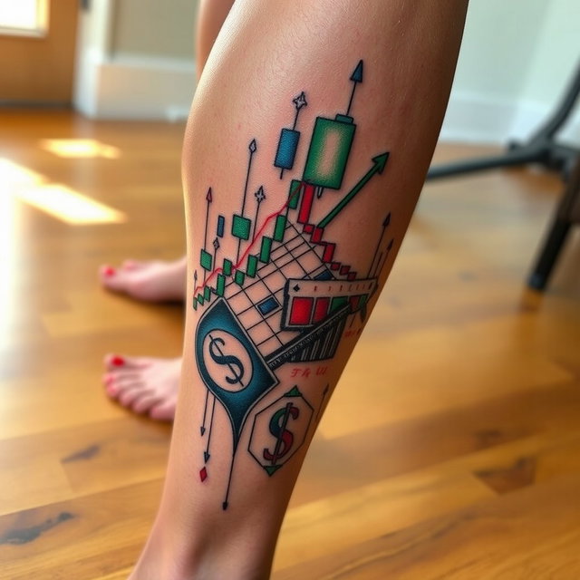 A close-up view of a beautifully designed tattoo on a person's leg, featuring intricate elements related to trading, such as stock charts, candlestick patterns, and dollar signs blended with artistic motifs