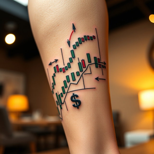 A striking close-up of a trading-themed tattoo located on a person's leg, intricately designed with elements such as stock market graphs, candlestick charts, and stylized dollar signs