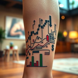 A striking close-up of a trading-themed tattoo located on a person's leg, intricately designed with elements such as stock market graphs, candlestick charts, and stylized dollar signs