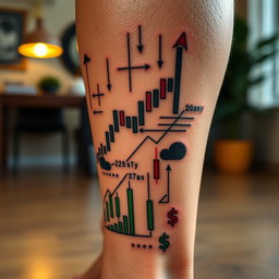 A striking close-up of a trading-themed tattoo located on a person's leg, intricately designed with elements such as stock market graphs, candlestick charts, and stylized dollar signs