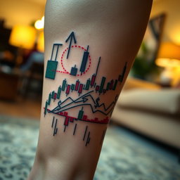 A striking close-up of a trading-themed tattoo located on a person's leg, intricately designed with elements such as stock market graphs, candlestick charts, and stylized dollar signs