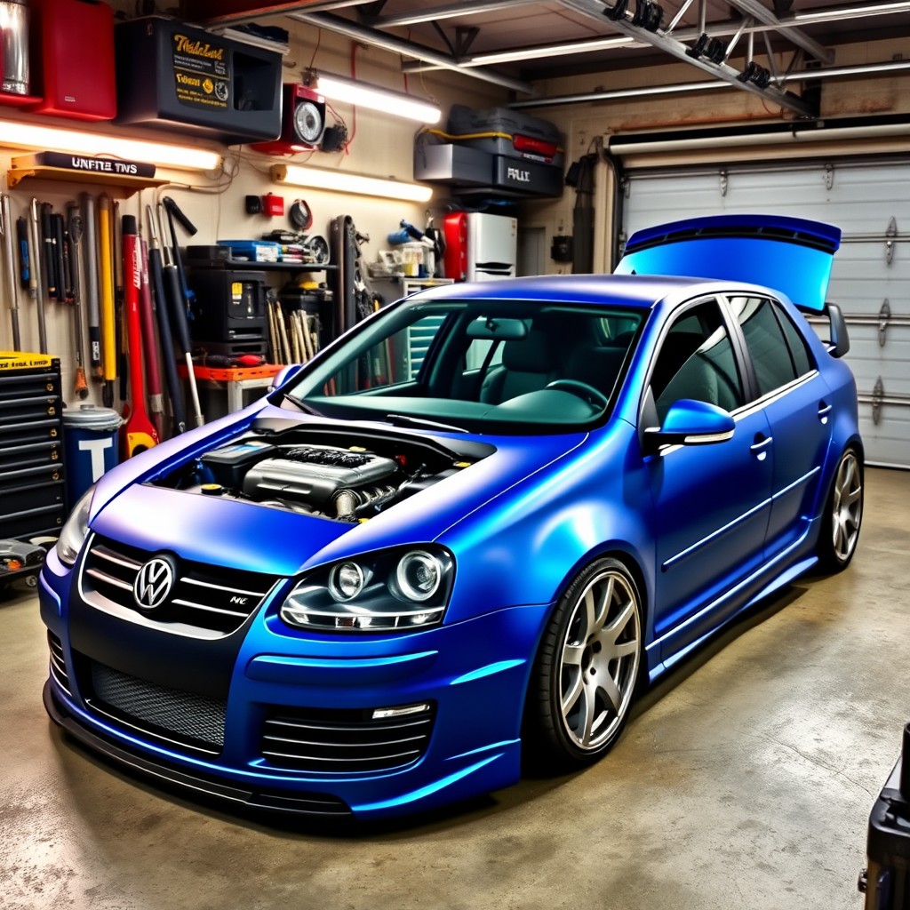 A modified Volkswagen Jetta MK3, parked in a garage surrounded by tuning tools and car parts