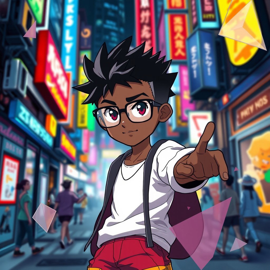 A stylized anime character, featuring a black male with short, spiky black hair and large black glasses