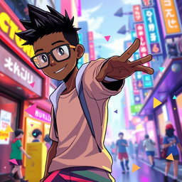 A stylized anime character, featuring a black male with short, spiky black hair and large black glasses