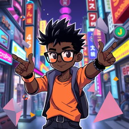 A stylized anime character, featuring a black male with short, spiky black hair and large black glasses