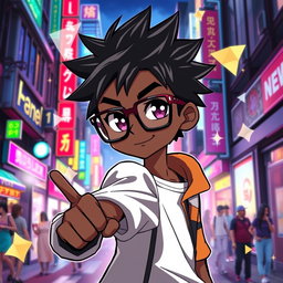 A stylized anime character, featuring a black male with short, spiky black hair and large black glasses