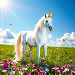 A majestic unicorn standing gracefully in a lush green meadow, its long flowing mane shimmering in a rainbow of pastel colors under the bright sunlight