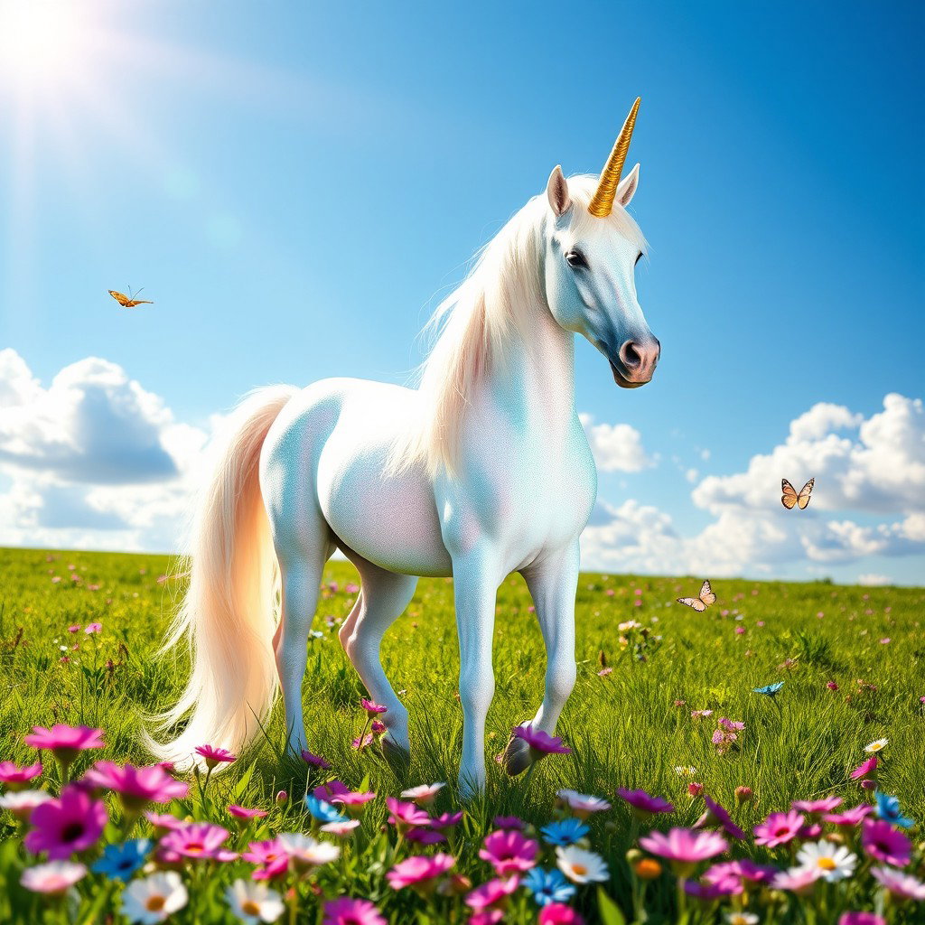 A majestic unicorn standing gracefully in a lush green meadow, its long flowing mane shimmering in a rainbow of pastel colors under the bright sunlight