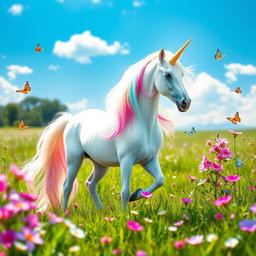 A majestic unicorn standing gracefully in a lush green meadow, its long flowing mane shimmering in a rainbow of pastel colors under the bright sunlight