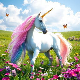A majestic unicorn standing gracefully in a lush green meadow, its long flowing mane shimmering in a rainbow of pastel colors under the bright sunlight