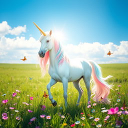 A majestic unicorn standing gracefully in a lush green meadow, its long flowing mane shimmering in a rainbow of pastel colors under the bright sunlight