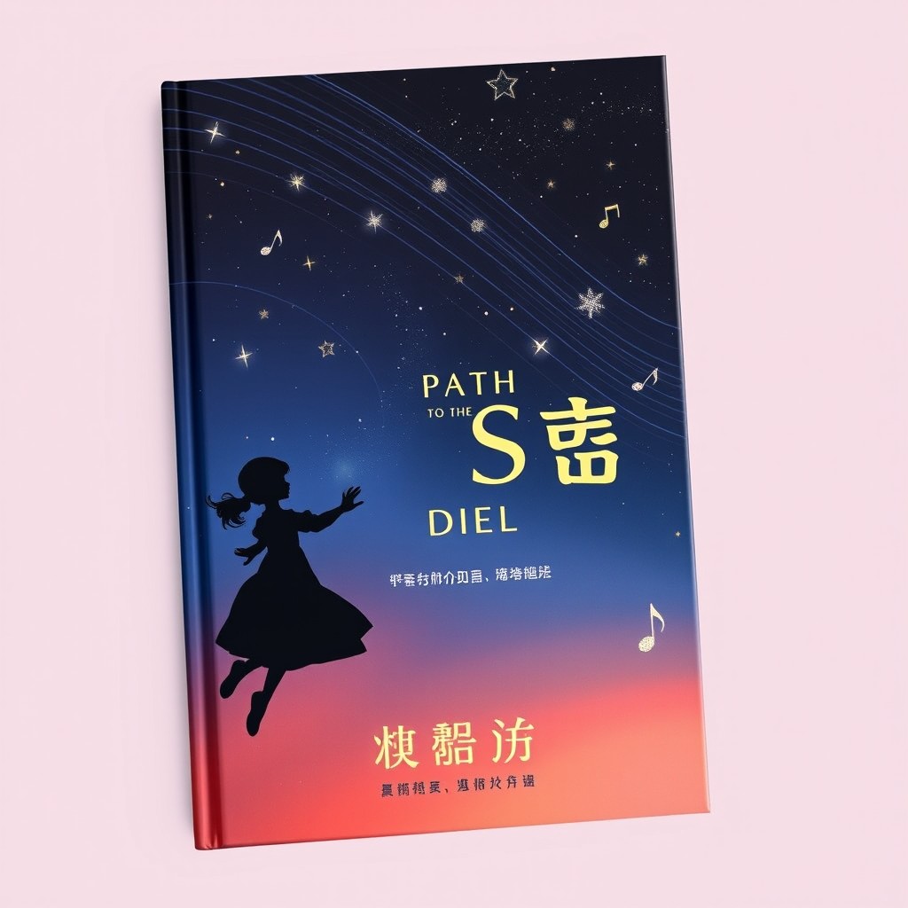 A captivating book cover for 'Path to the Stars Diel', featuring a dynamic silhouette of a girl in motion, reaching towards a starry sky that symbolizes dreams and goals