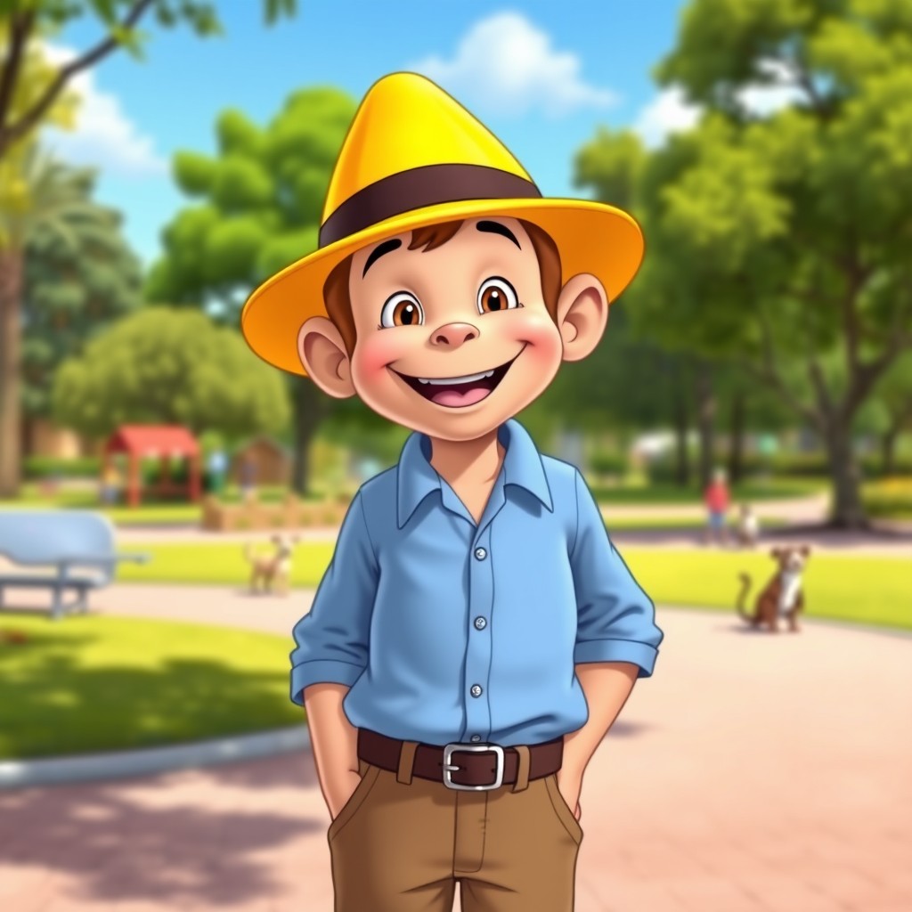 A cartoon-style depiction of a cheerful man wearing a bright yellow hat, reminiscent of the classic character from the Curious George series
