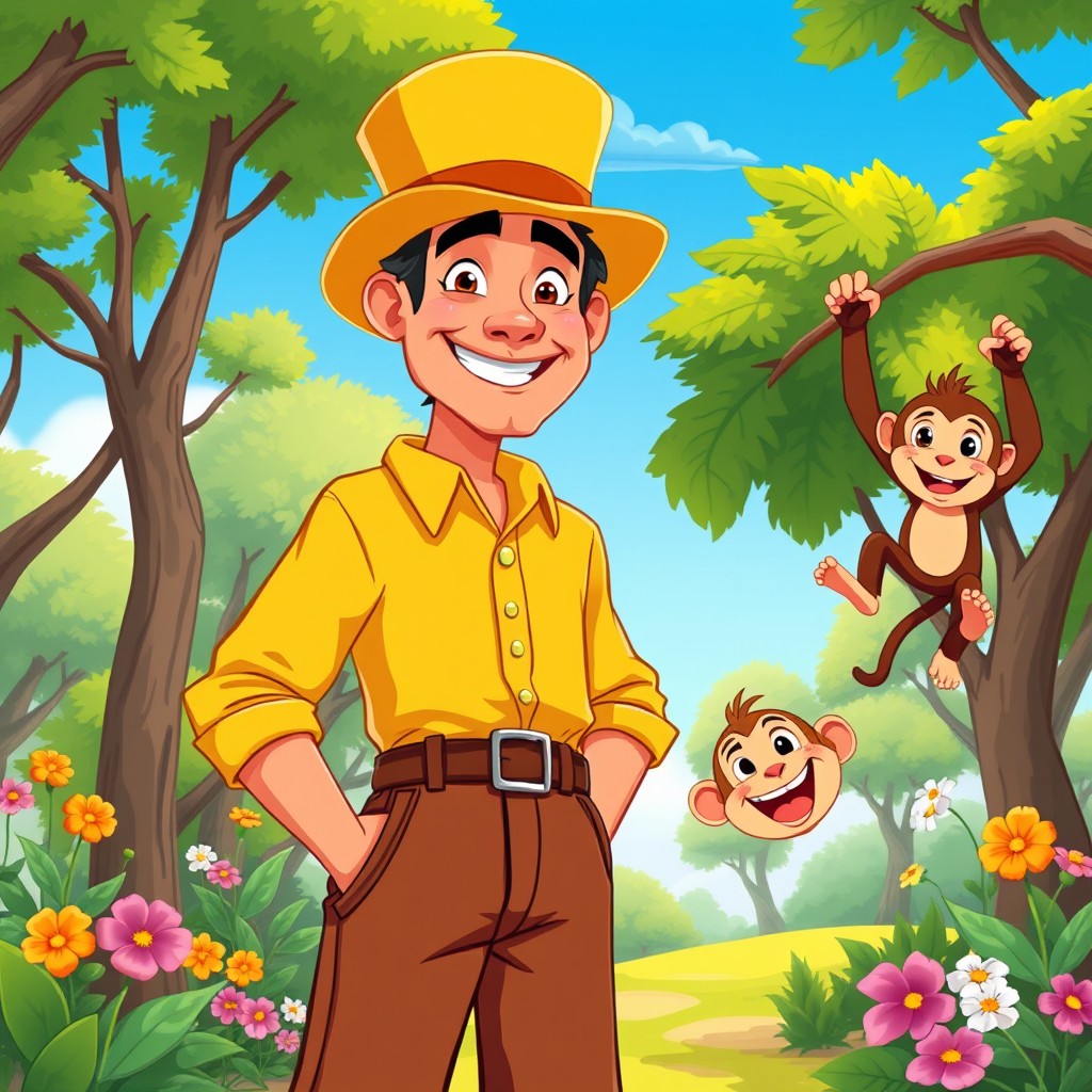 A vibrant and colorful scene featuring a tall man wearing a bright yellow hat, dressed in an old-fashioned outfit with a button-up shirt and trousers