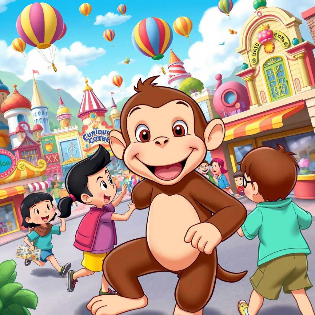 An animated scene featuring Curious George, the mischievous little monkey, exploring a vibrant city filled with whimsical buildings and colorful characters