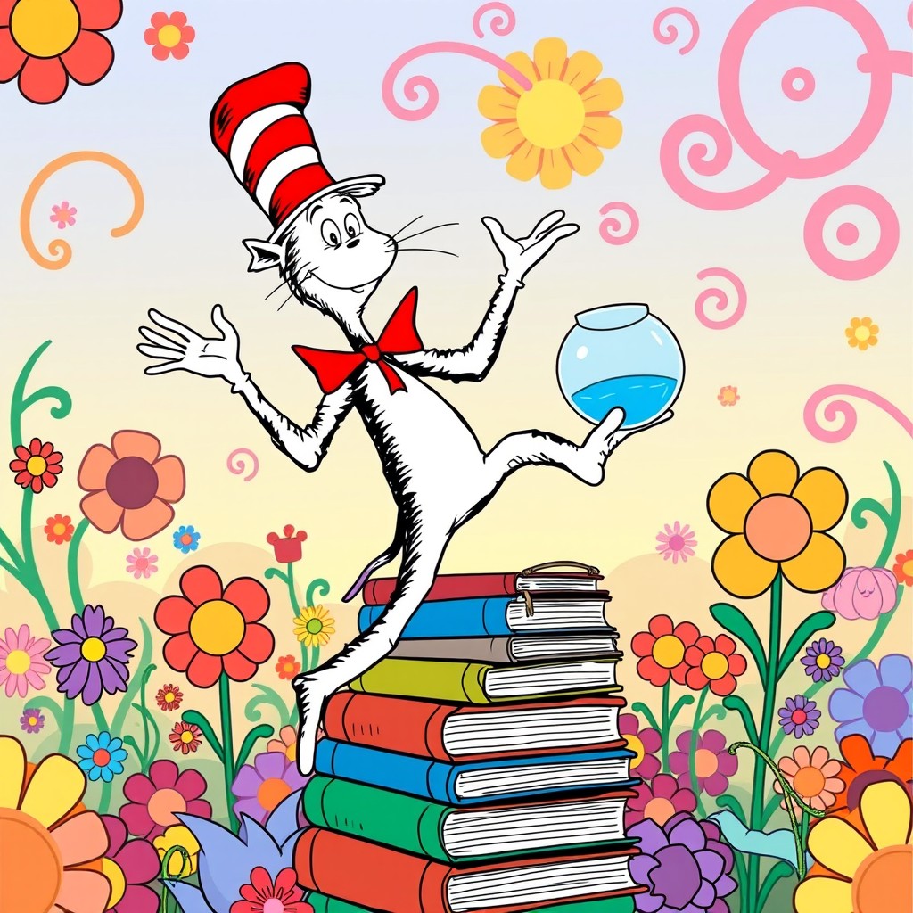 A vibrant, cartoon-style illustration of The Cat in the Hat, featuring a tall, striped red and white top hat and a mischievous grin
