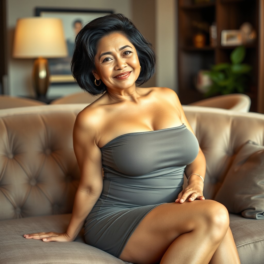 A stunning 60-year-old Indonesian woman, with a voluptuous figure and black hair enhancing her charm