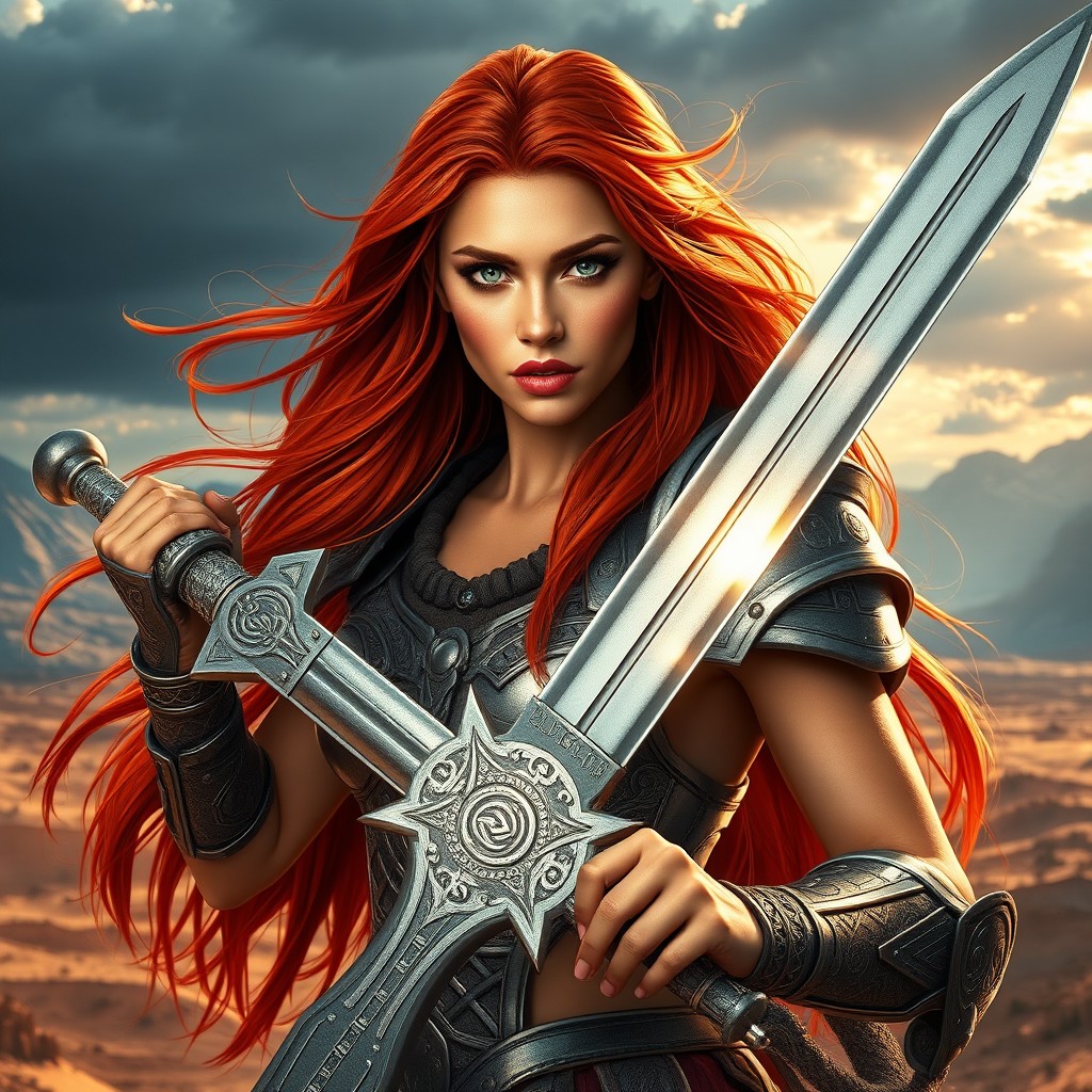 A beautiful human female barbarian with long red hair flowing dramatically, showcasing her tanned skin and fierce demeanor
