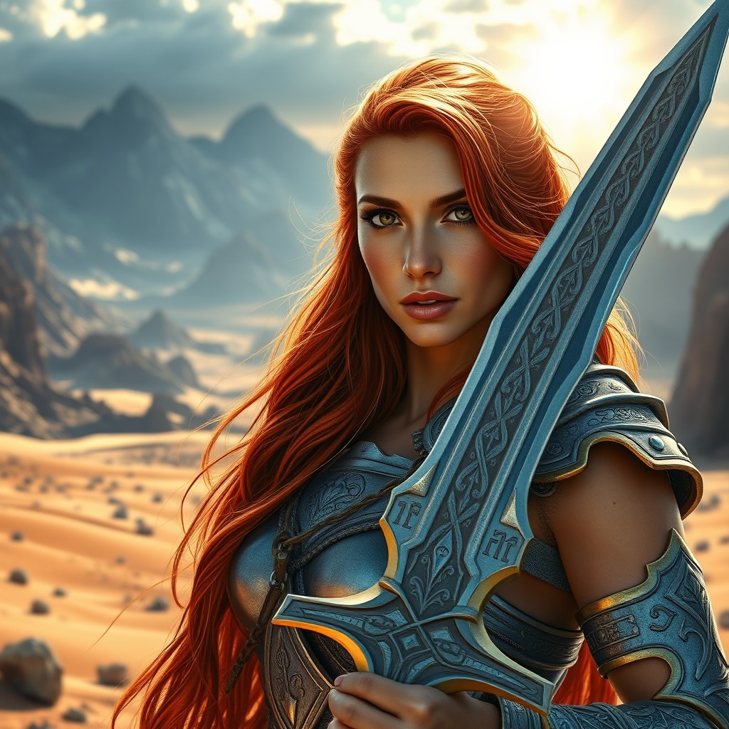 A beautiful human female barbarian with long red hair, tanned skin, and hazel green eyes