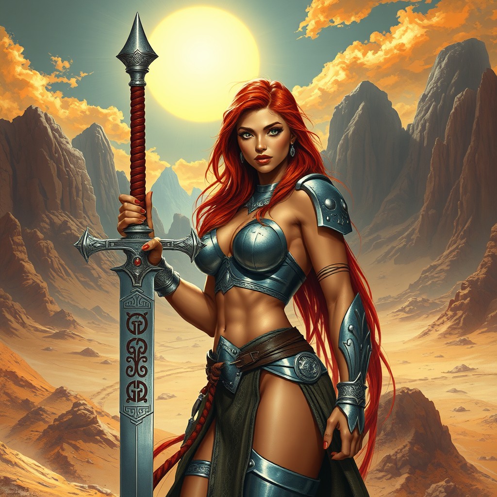 In the style of late 70's barbarian comic books and Boris Vallejo, a beautiful human female barbarian with long flowing red hair stands boldly