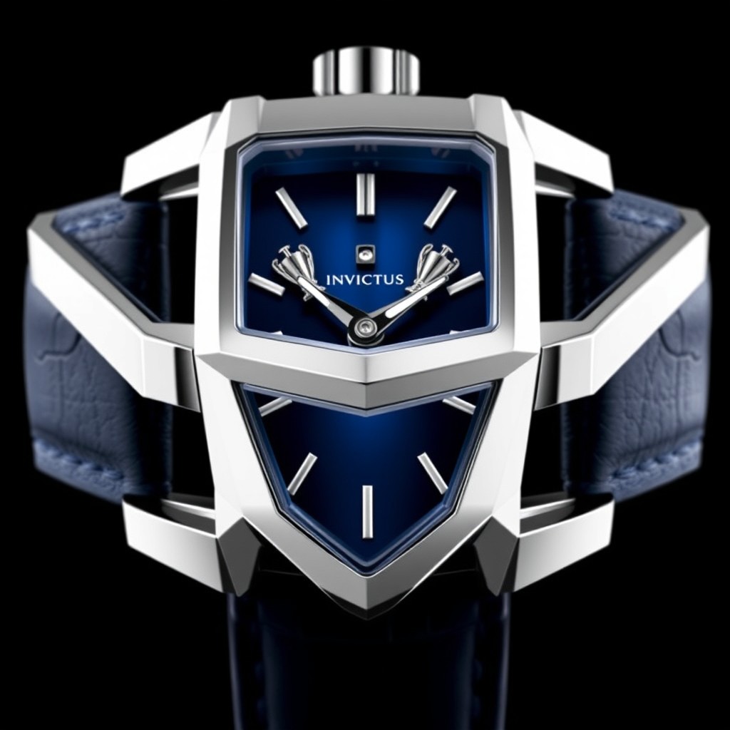A stunning wristwatch design inspired by the Invictus fragrance bottle, featuring a case that mirrors the bottle's unique gladiator-inspired shape