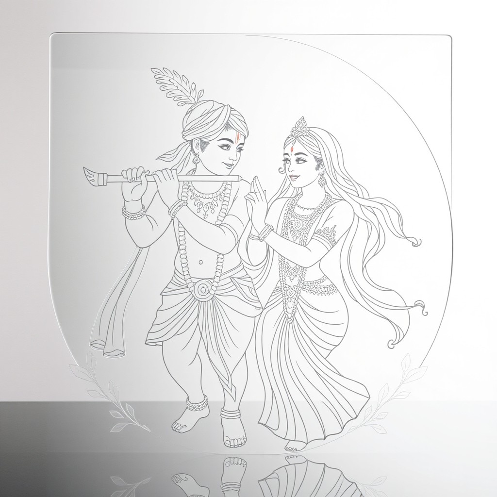 A beautiful line drawing of Radha and Krishna, showcasing their divine love and playful interaction