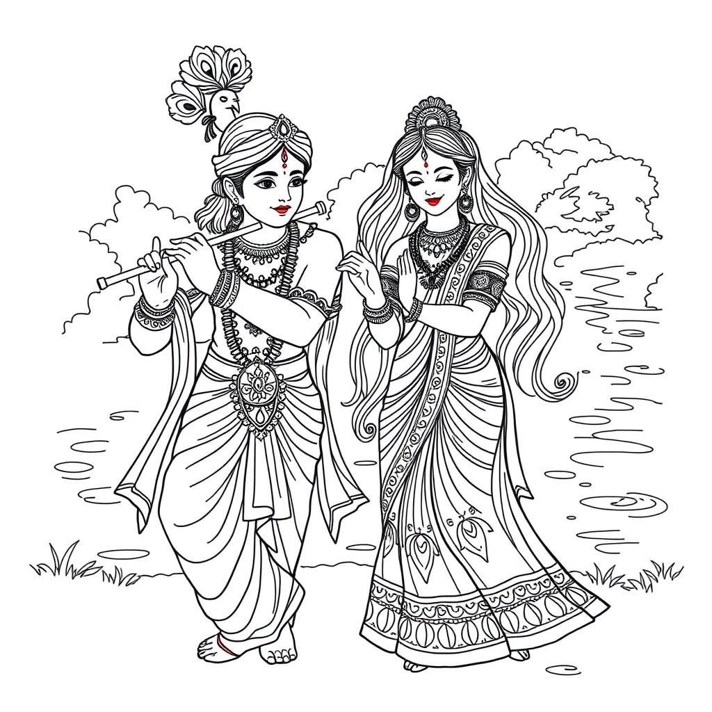A detailed line drawing of Radha and Krishna, showcasing their divine love and connection