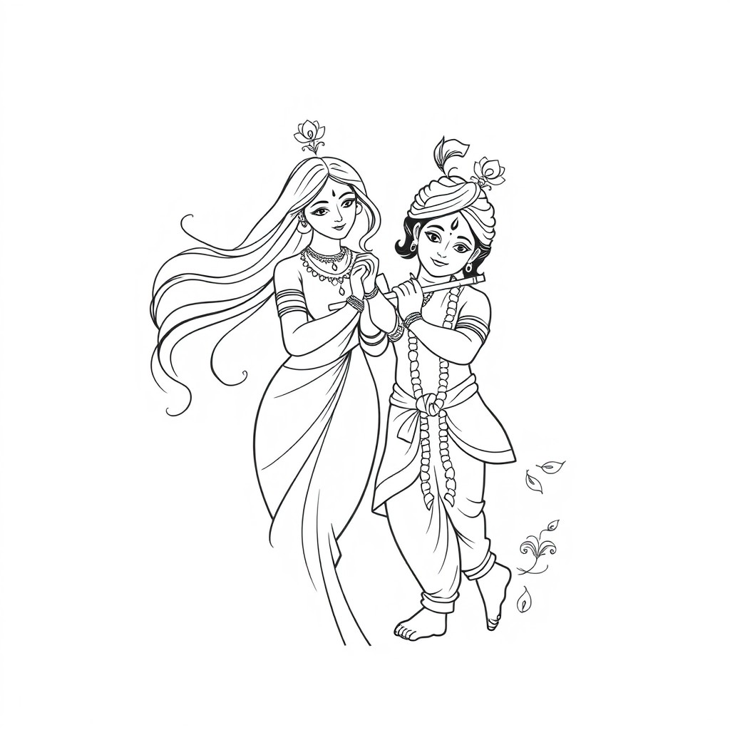 A minimalist line drawing of Radha and Krishna, capturing their divine connection and grace