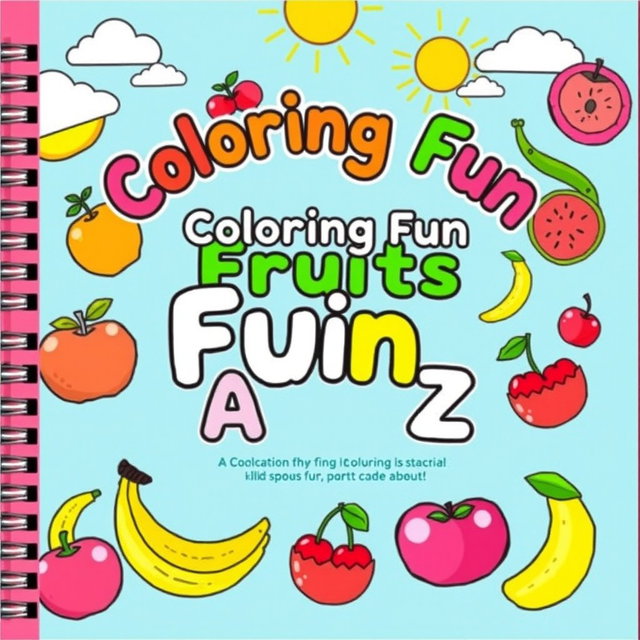 A colorful and engaging cover design for a children's coloring workbook featuring fruit illustrations from A to Z