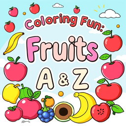 A colorful and engaging cover design for a children's coloring workbook featuring fruit illustrations from A to Z