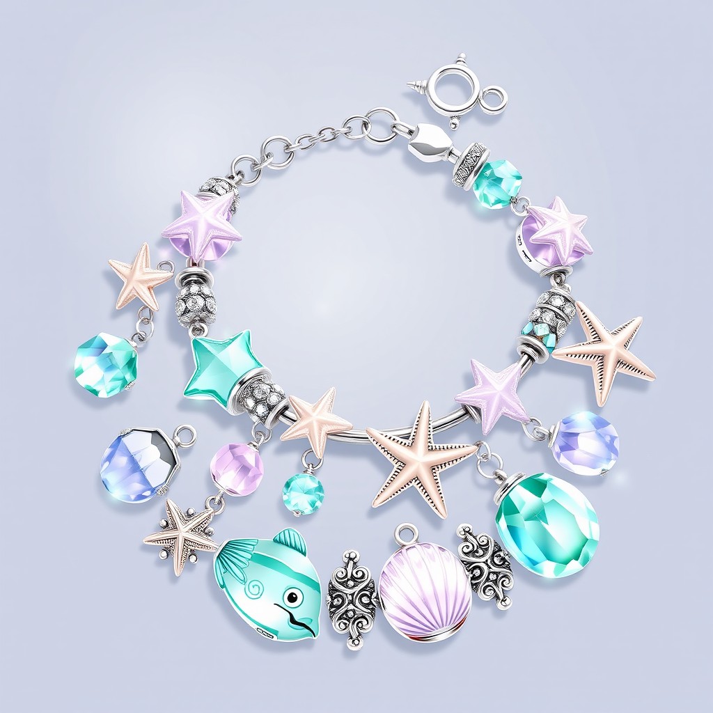 A beautifully crafted illustration of a magical bracelet, featuring an array of marine-themed charms including fish, starfish, and seashells