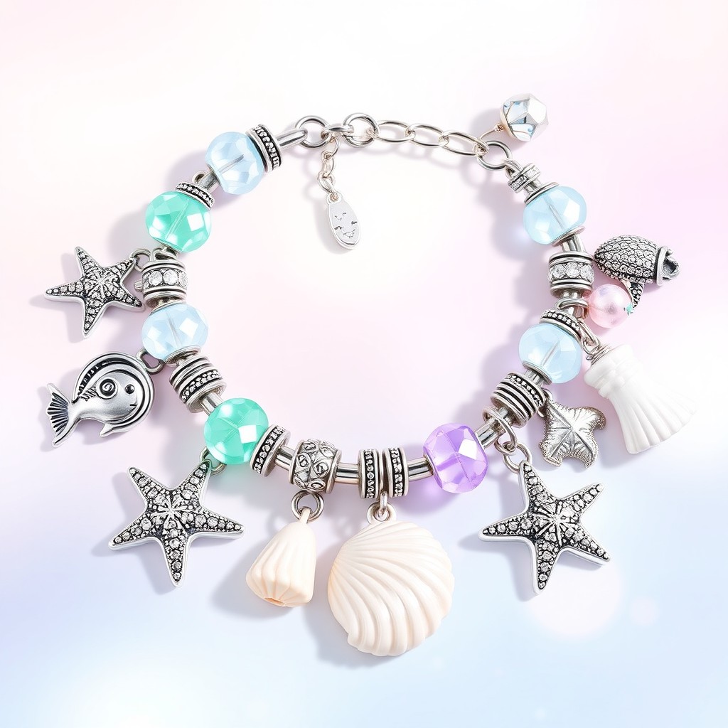 A beautiful illustration of a magical bracelet featuring marine-themed charms such as fish, starfish, and seashells