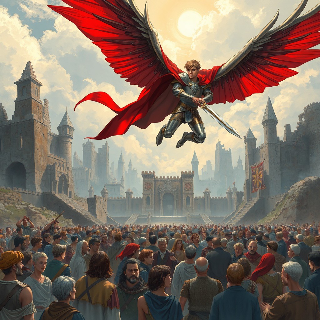 A medieval-themed illustration for a cover featuring a ruined city in the background