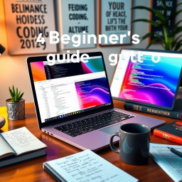 An engaging image representing a Beginner's guide to SQL, featuring a sleek laptop on a desk with a vibrant screen displaying colorful charts and SQL code snippets