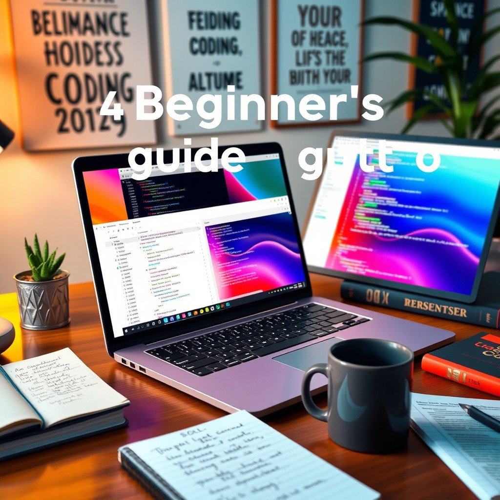 An engaging image representing a Beginner's guide to SQL, featuring a sleek laptop on a desk with a vibrant screen displaying colorful charts and SQL code snippets