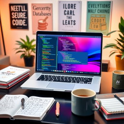 An engaging image representing a Beginner's guide to SQL, featuring a sleek laptop on a desk with a vibrant screen displaying colorful charts and SQL code snippets