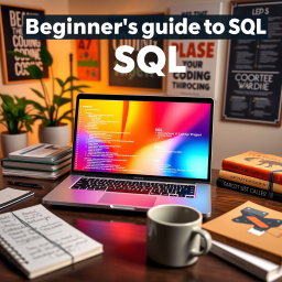 An engaging image representing a Beginner's guide to SQL, featuring a sleek laptop on a desk with a vibrant screen displaying colorful charts and SQL code snippets