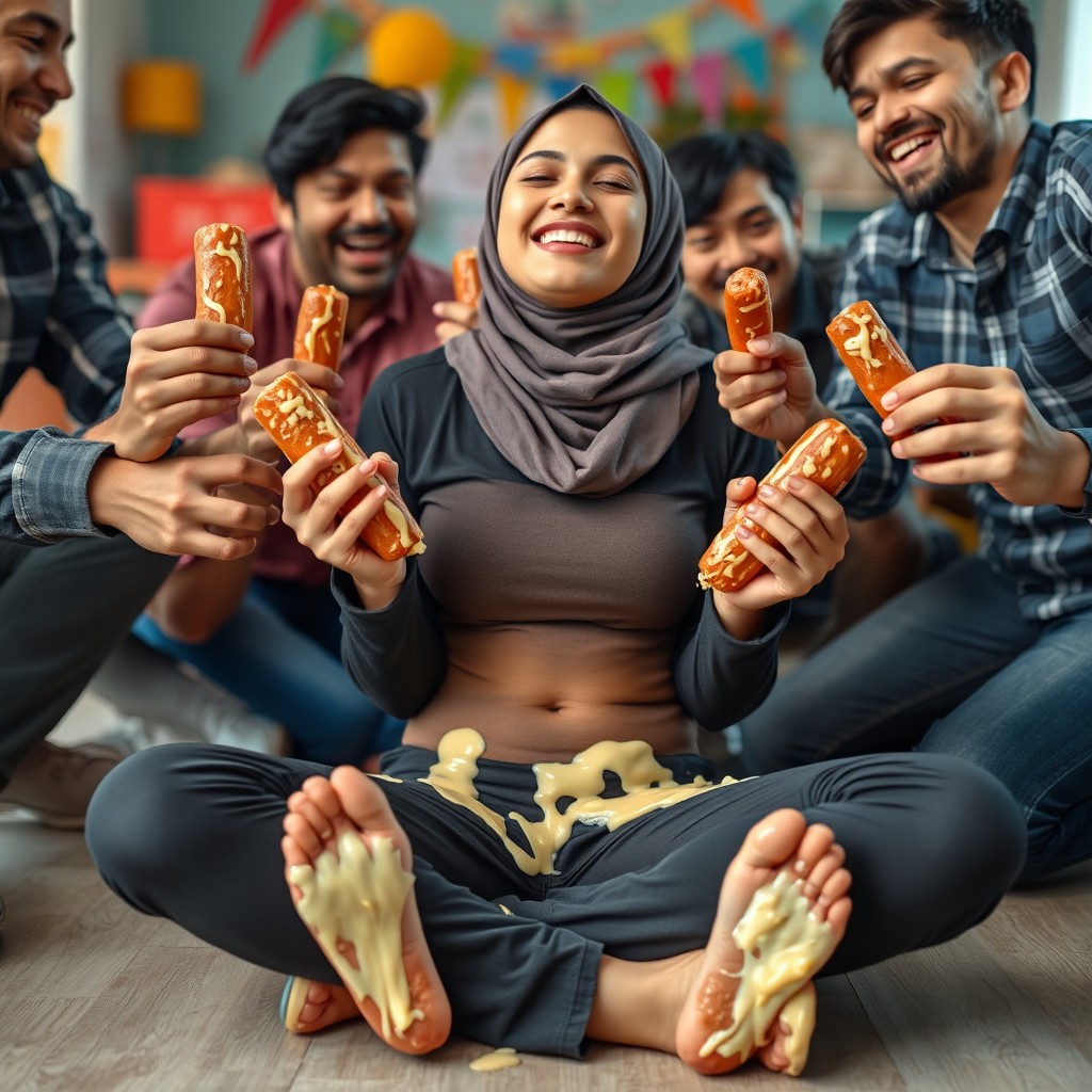 A young and attractive 18-year-old woman wearing a stylish hijab, sitting cross-legged on the floor with her eyes closed and a joyful smile on her face