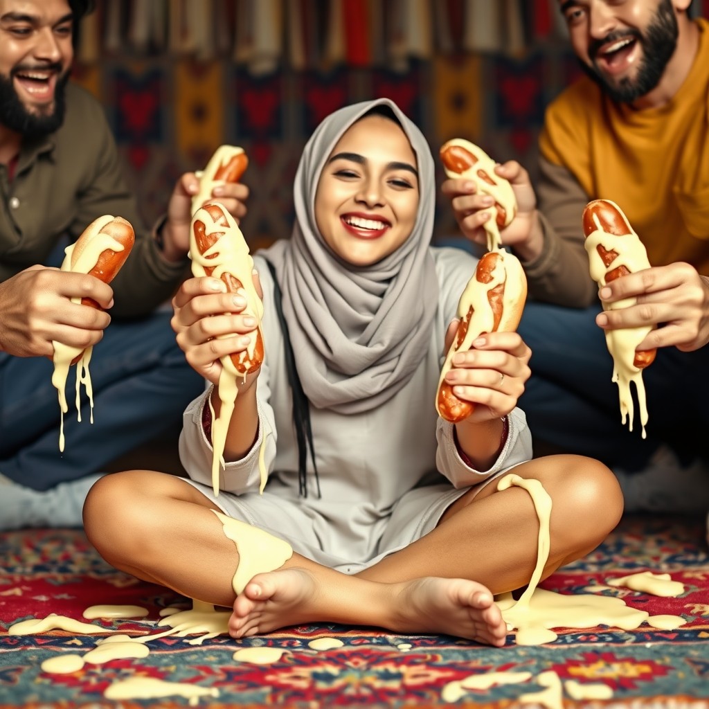 A hot 18-year-old girl wearing a stylish hijab, sitting criss cross on a colorful rug, smiling with her eyes closed in a moment of pure joy