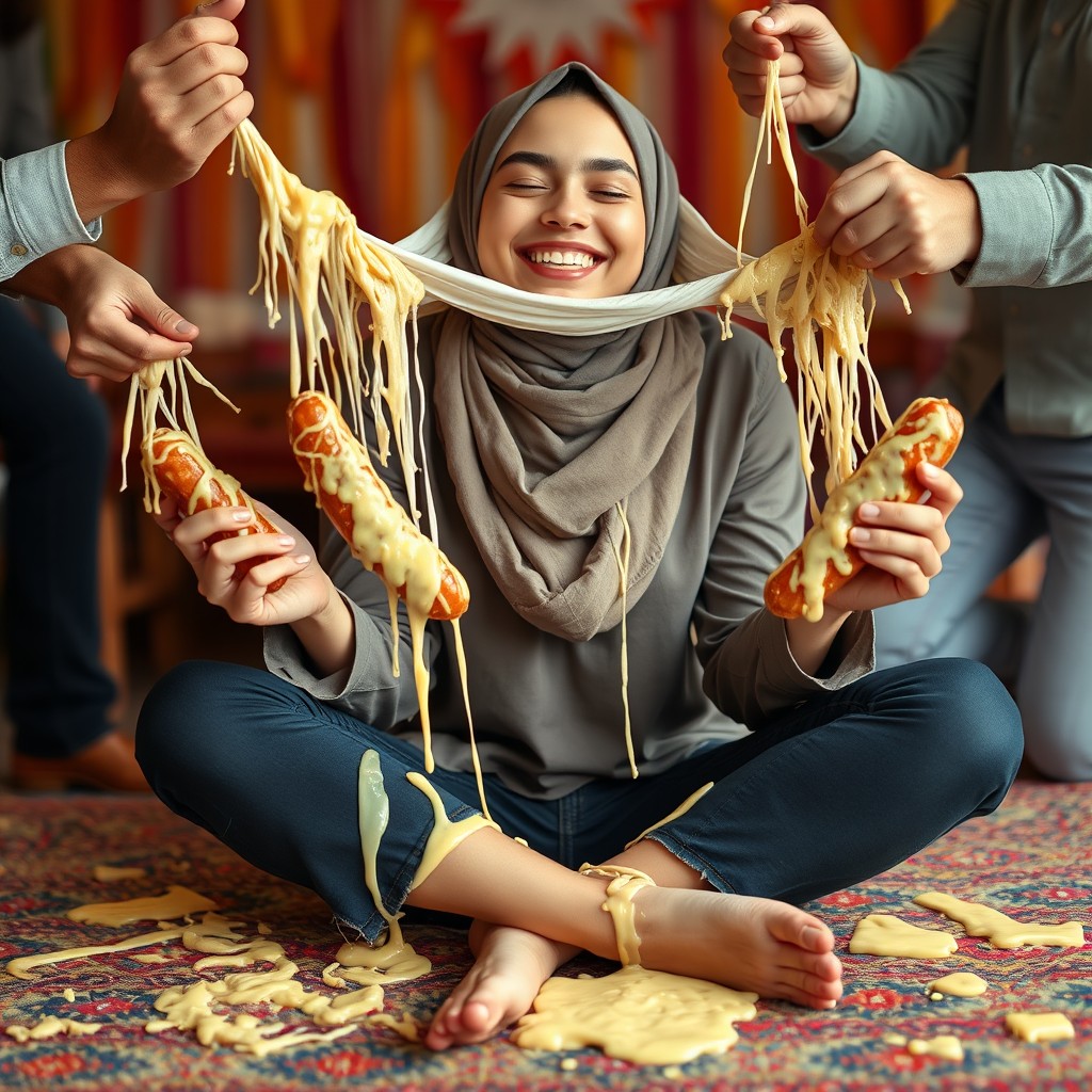A hot 18-year-old girl wearing a stylish hijab, sitting criss cross on a colorful rug, smiling with her eyes closed in a moment of pure joy