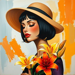 A stylized, colorful portrait of an elegant woman with short black bob hair, wearing a large wide-brimmed hat