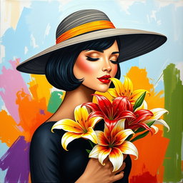A stylized, colorful portrait of an elegant woman with short black bob hair, wearing a large wide-brimmed hat