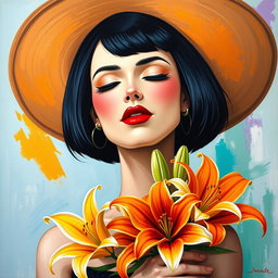 A stylized, colorful portrait of an elegant woman with short black bob hair, wearing a large wide-brimmed hat